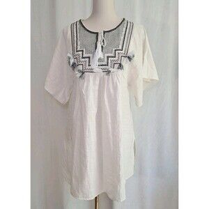 J.Crew Embroidered Beaded Tassel Beach Tunic Top Natural Kimono Sleeves Size S